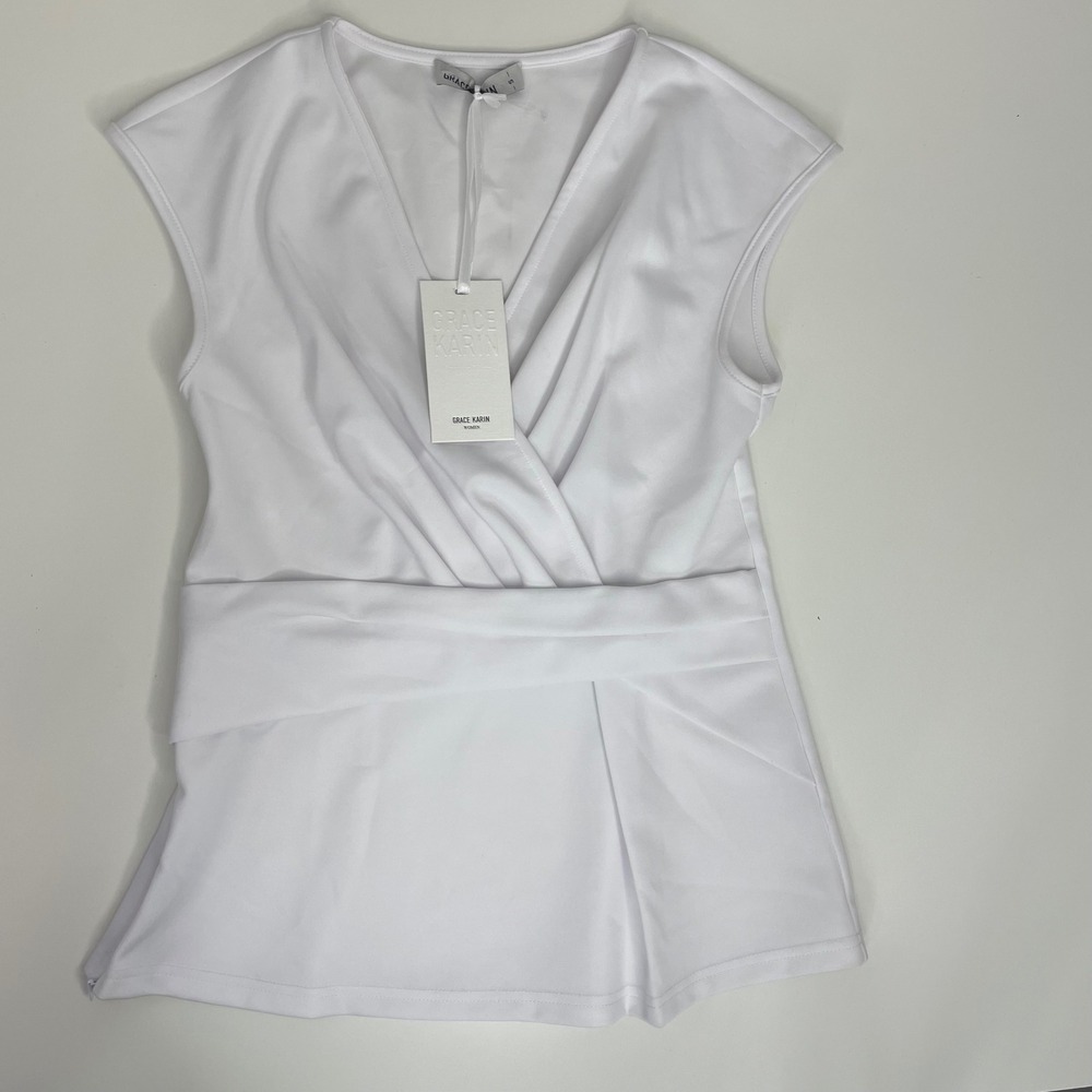 Grace Karin NWT Womens White Sleeveless Wrap V-Neck Blouse Top Side Zip Size S - Picture 4 of 10